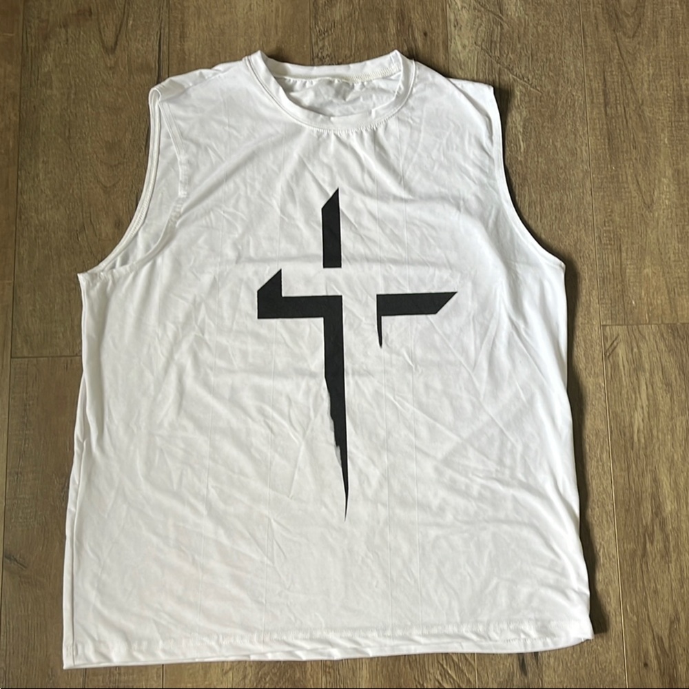 White Sleeveless Tank Top with Black Graphic